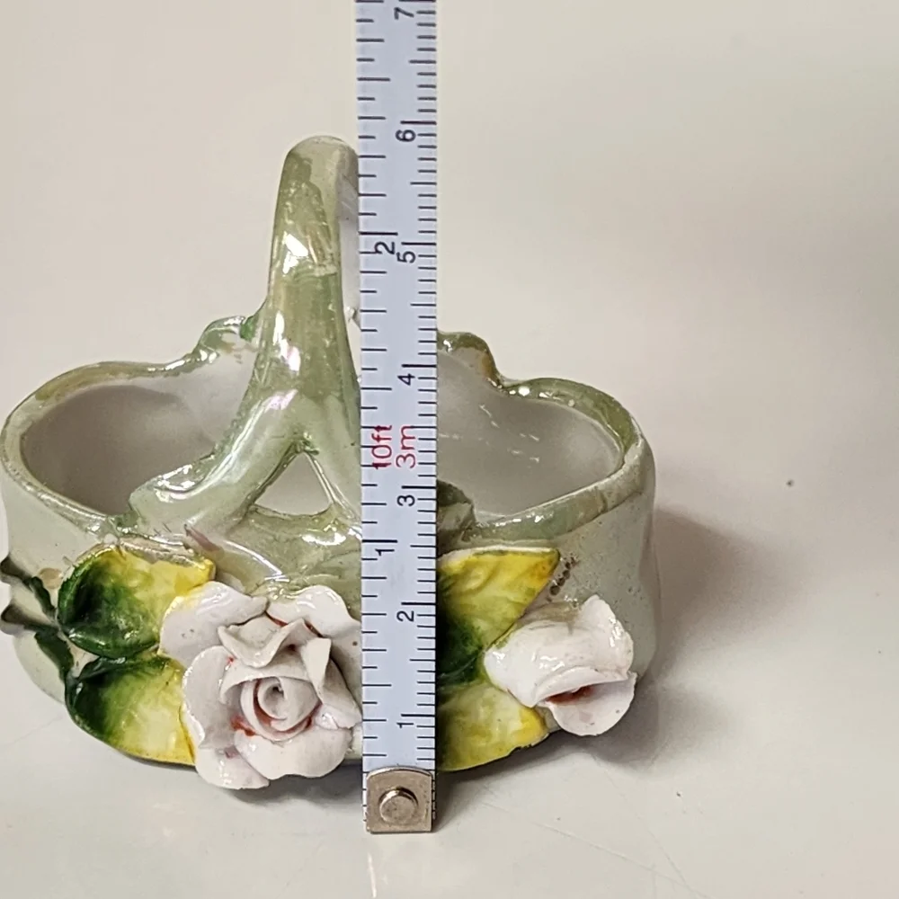 Vtg German Elfinware Porcelain Lusterware Green Miniature Rose Floral Basket